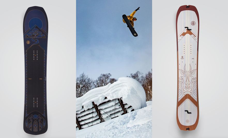 Snowboard designs and a rider in the air